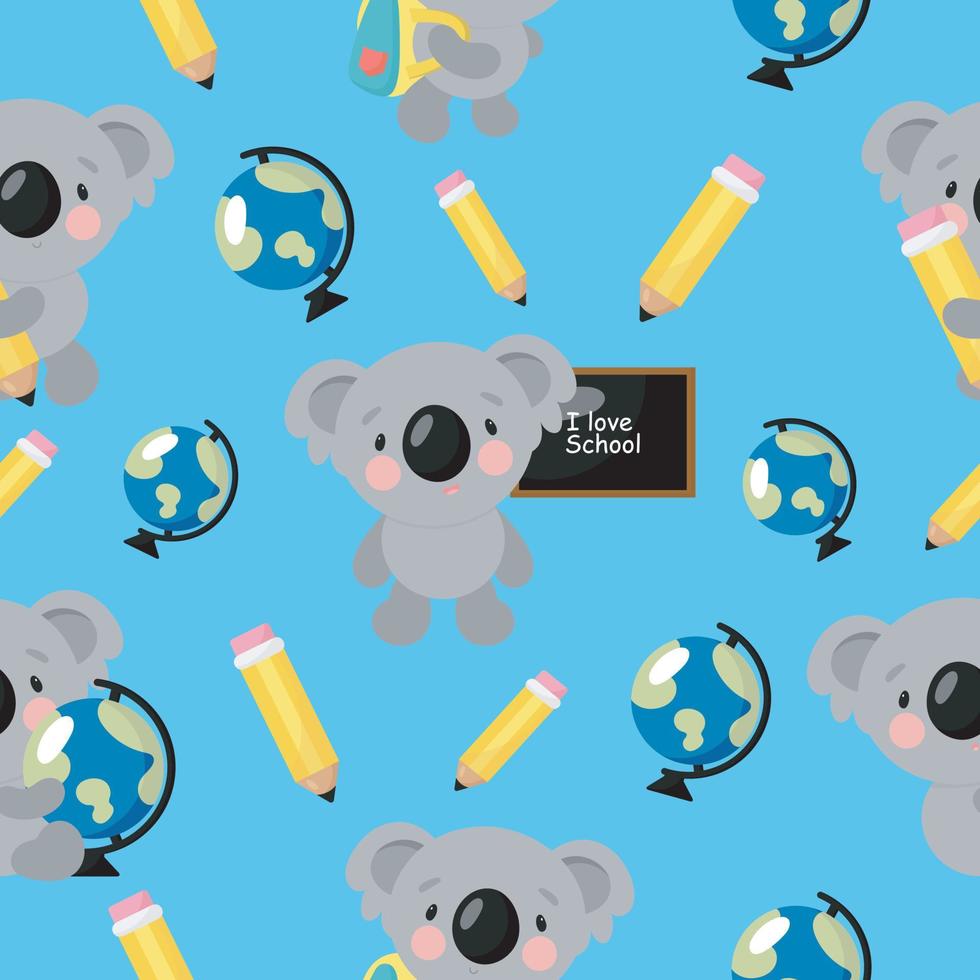 Seamless Pattern with Cute Koala and School supplies. Vector illustration. For greeting card, posters, banners, the card, printing on the pack, printing on clothes, fabric, wallpaper.