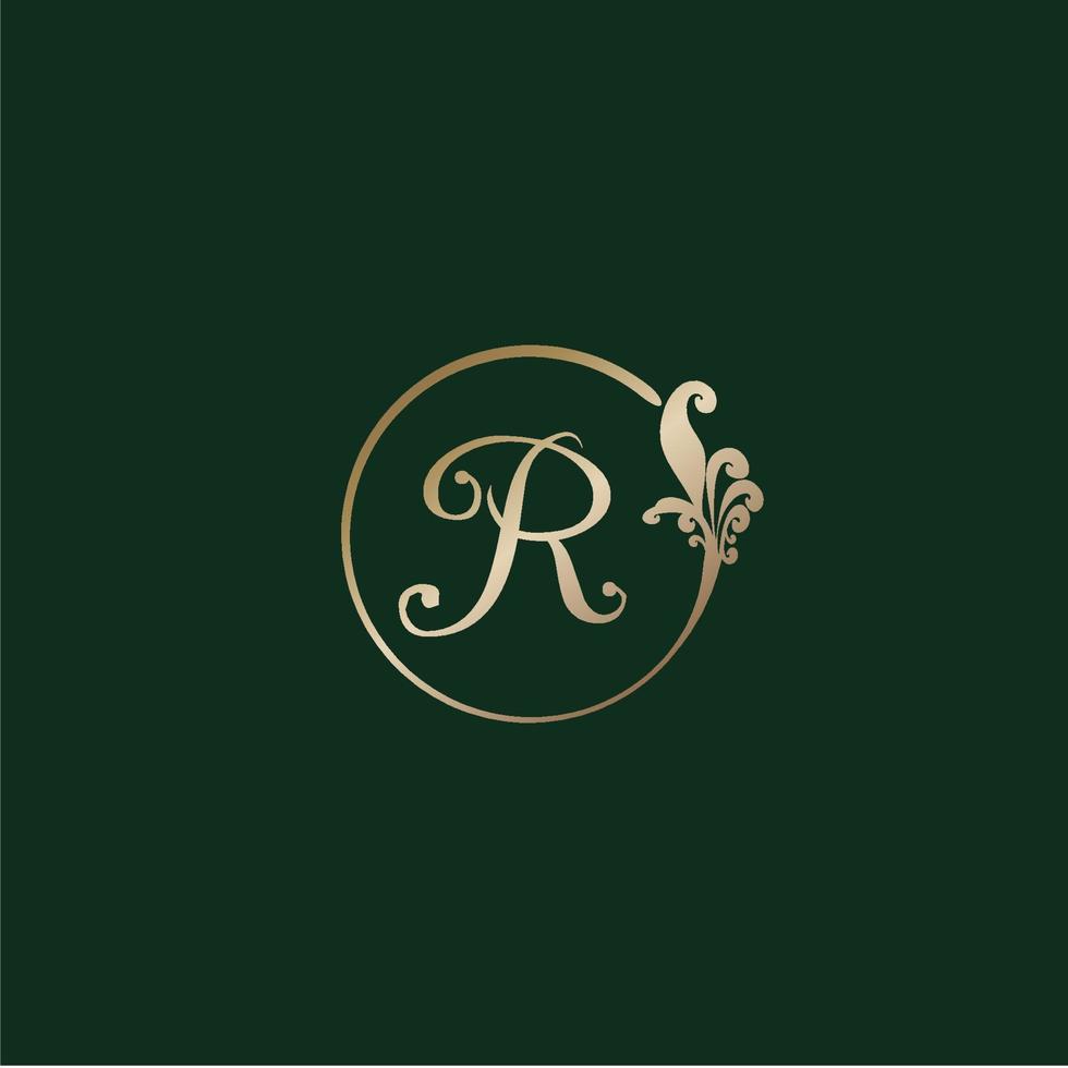 letra r logotipo decorativo del alfabeto aislado sobre fondo verde. plantilla de diseño de logotipo de abjad inicial de anillo de oro de lujo. elegante concepto de logotipo floral de rizo. proyecto de archivo eps 10 vector