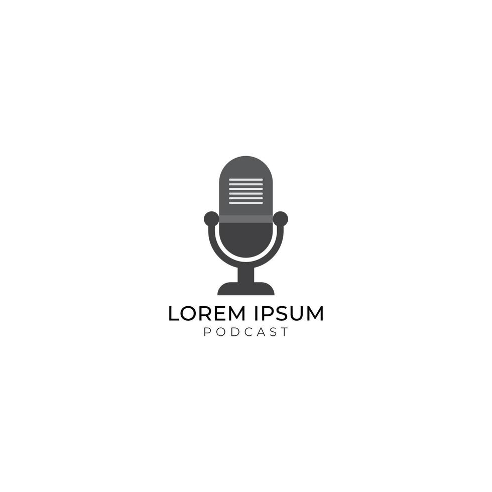 Monochrome podcast logo design concept. Gray retro microphone vector illustration isolated on white background. Broadcasting, Host, Announcher, Anchor, Radio Station, Stand up comedy.