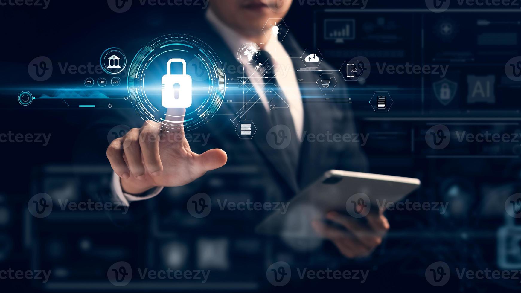 Cybersecurity and privacy concepts to protect data. Lock icon and internet network security technology. Businessmen protecting personal data on tablets and virtual interfaces. photo