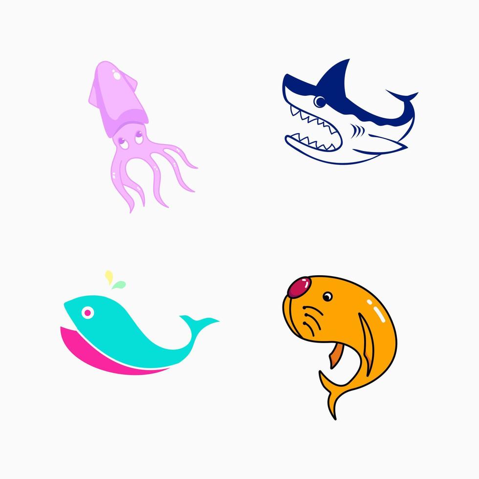 ilustración de animales marinos. como calamares, tiburones, ballenas y morsas. estilo creativo, de dibujos animados y simple. adecuado para logotipo, icono, mascota, símbolo y signo vector