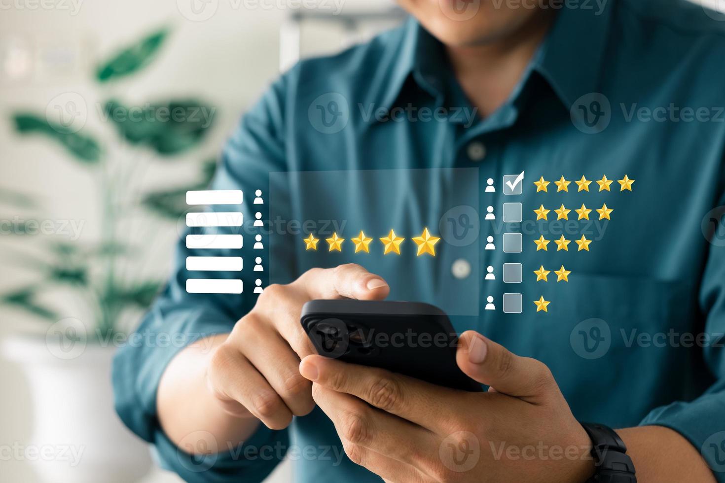 User give rating to service experience on online application, Customer review satisfaction feedback survey concept, Customer can evaluate quality of service leading to reputation ranking of business. photo