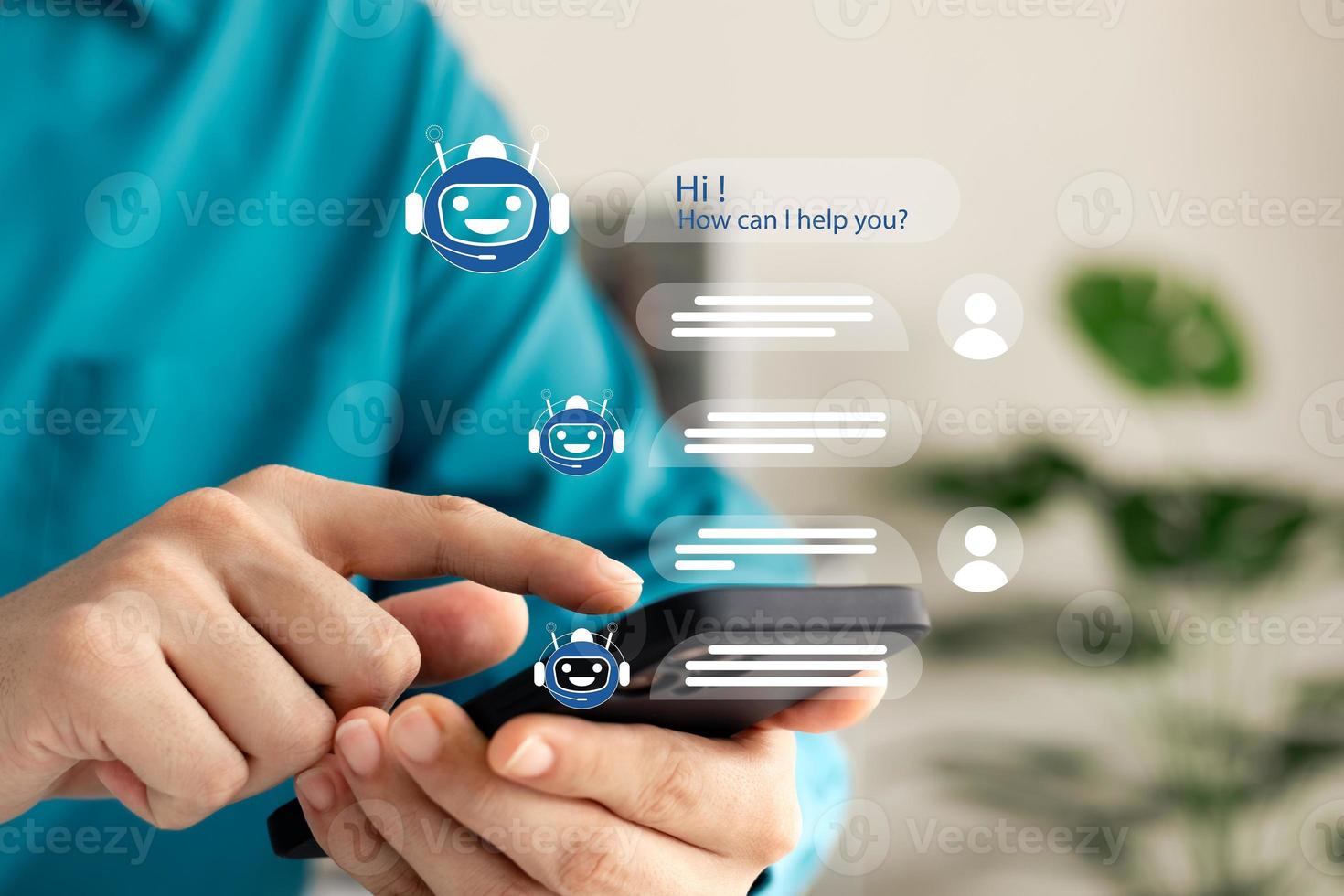 AI Chatbot intelligent digital customer service application concept, computer mobile application uses artificial intelligence chatbots automatically respond online messages to help customers instantly photo