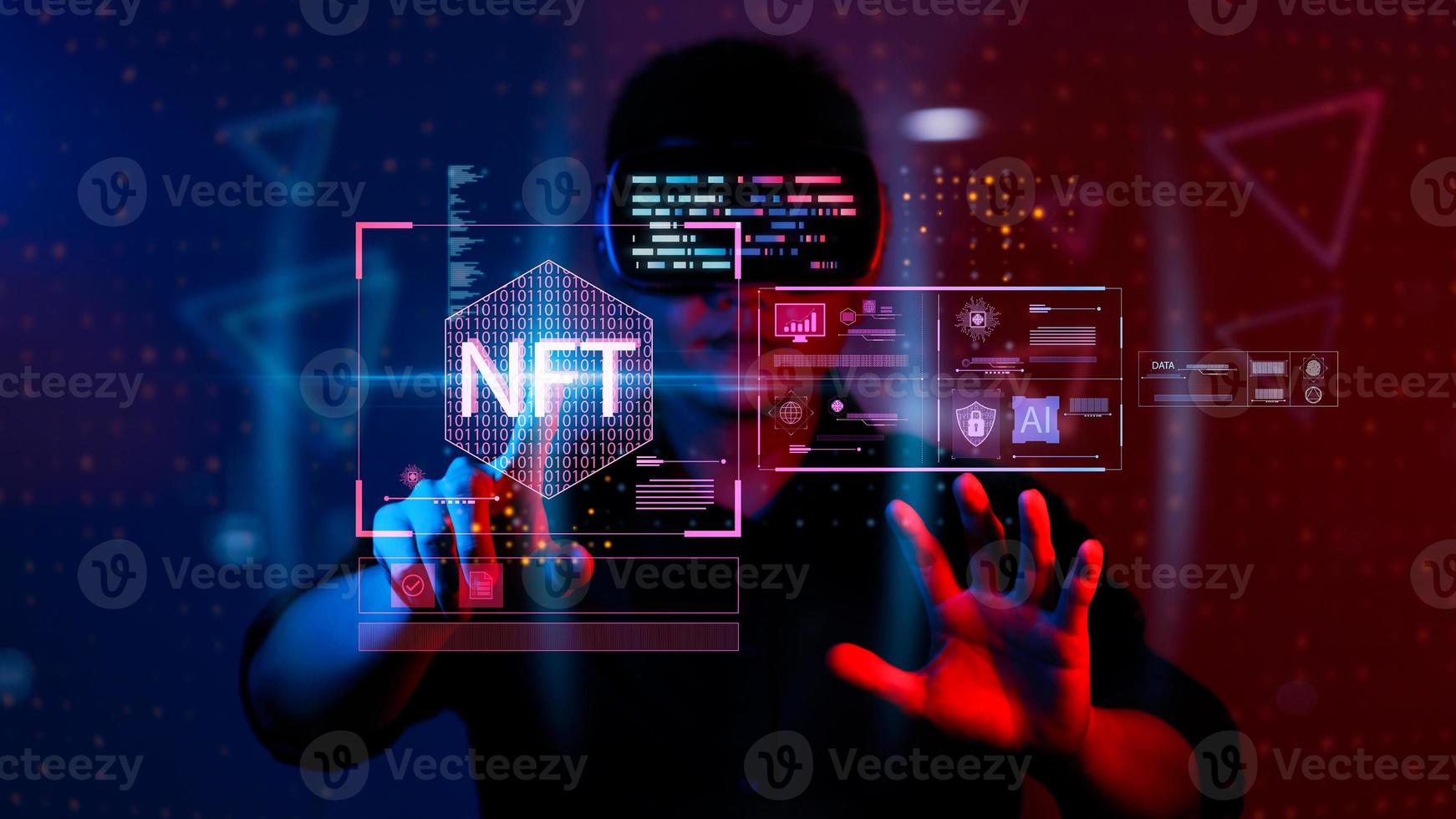 pantalla virtual táctil del dedo del hombre de negocios, concepto de tecnología blockchain digital crypto art token nft. foto