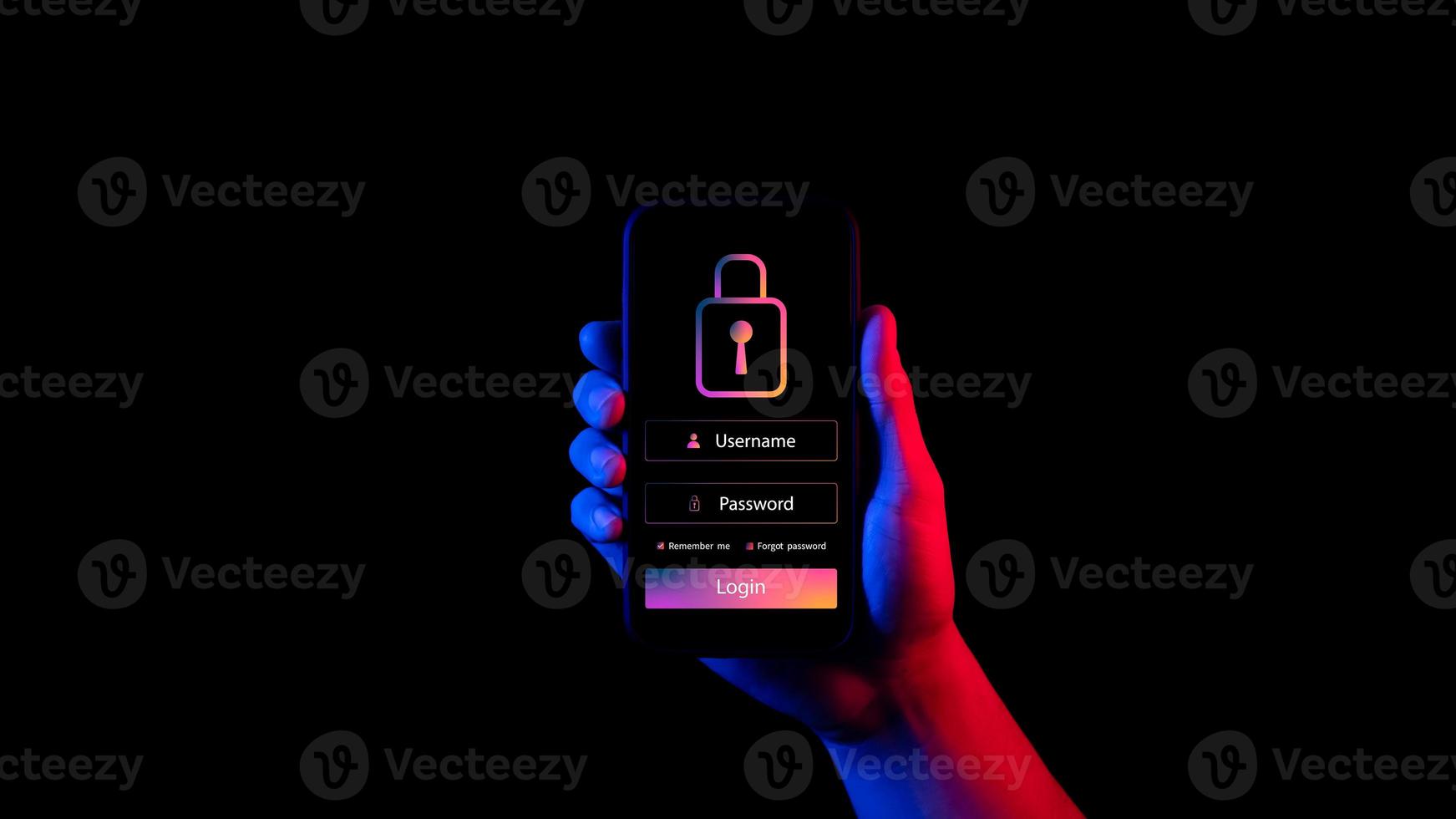 Cybersecurity and privacy concept to protect data, padlock icon. Login and password, digital mobile phone handle isolated on black, cybersecurity banner photo