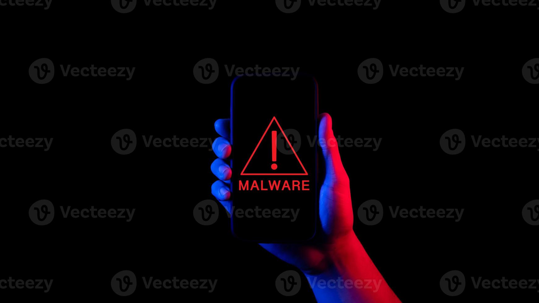 Cybersecurity and privacy concept to protect data from cyber internet web hack attack, digital mobile phone handle isolated on black, cybersecurity banner. photo