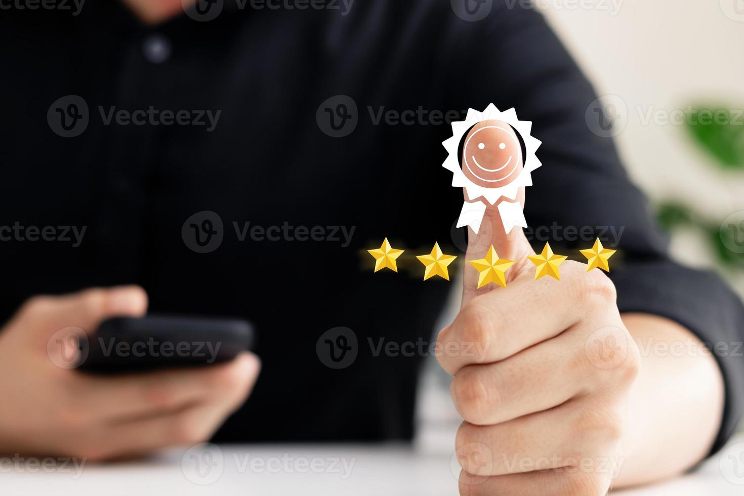 Customer Satisfaction Survey Concept, Customer Hand Thumbs Up good mood gym face icon Show five-star satisfaction rating, the best service rating for satisfaction. photo