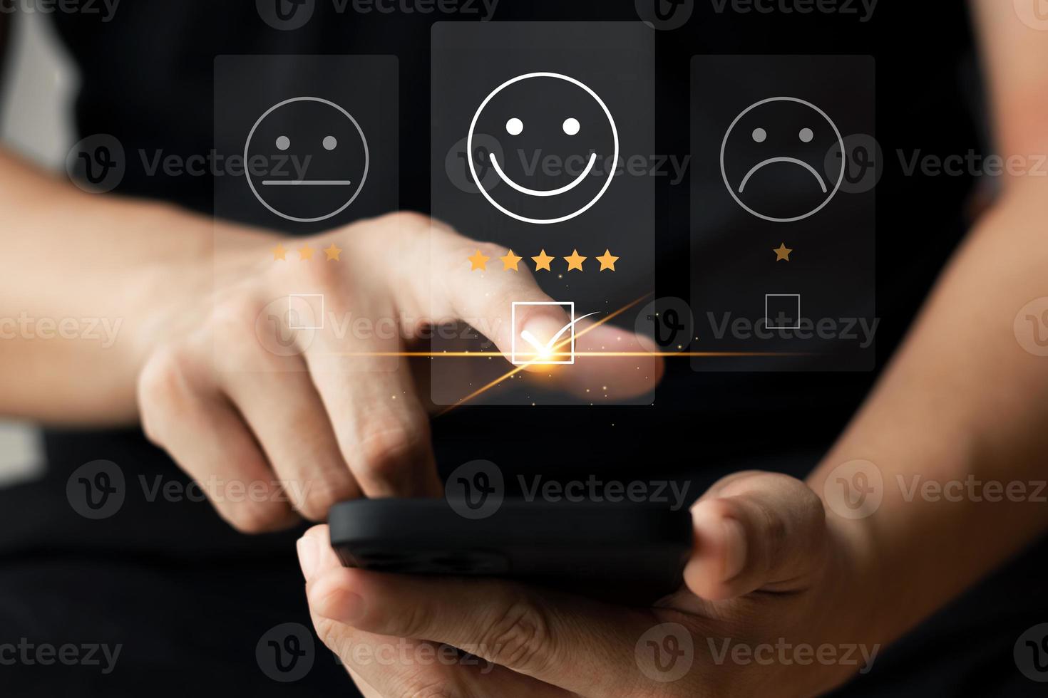 User give rating to service experience on online application, Customer review satisfaction feedback survey concept, Customer can evaluate quality of service leading to reputation ranking of business. photo