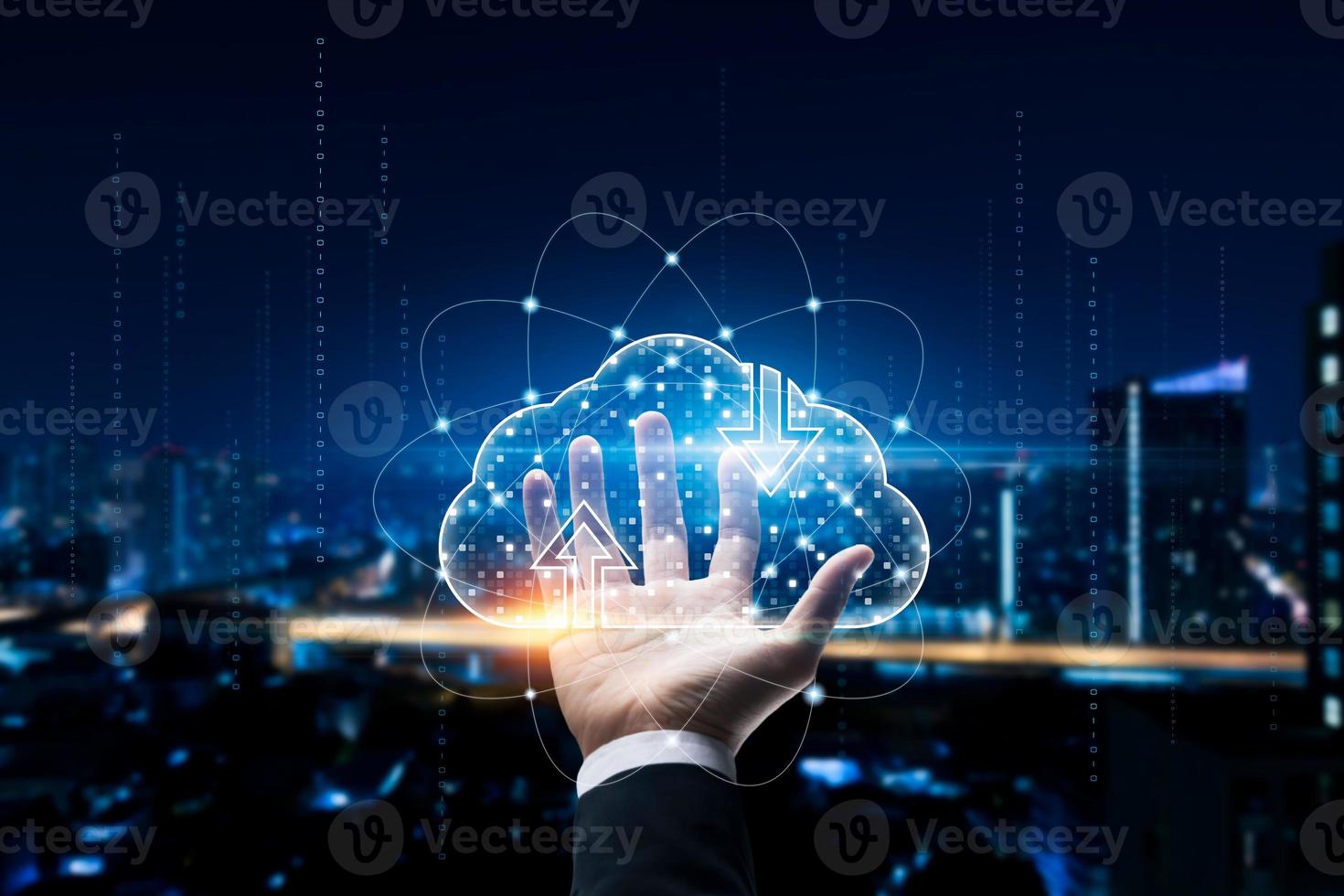 Cloud computing and online storage technologies, cloud computing and communications, connection to Internet server services for data transfer and data management on the city background. photo