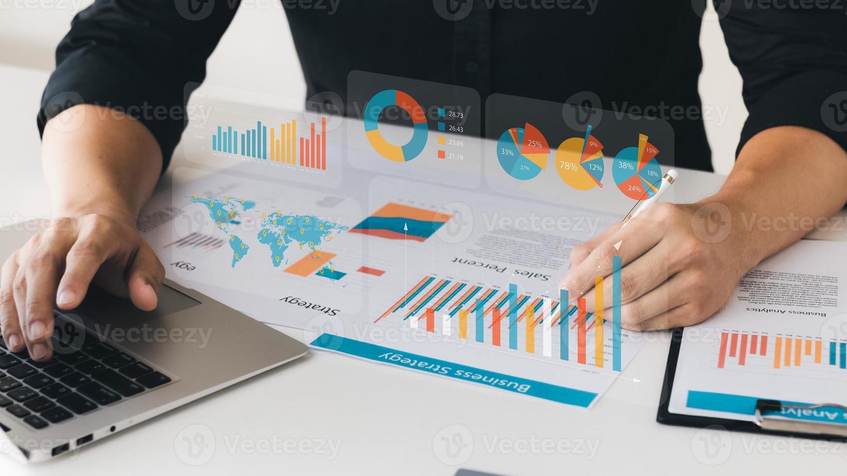 Businessman touching virtual screen Graph analysis of business growth and investment, strategic planning to increase sales profits, long-term business plan. photo