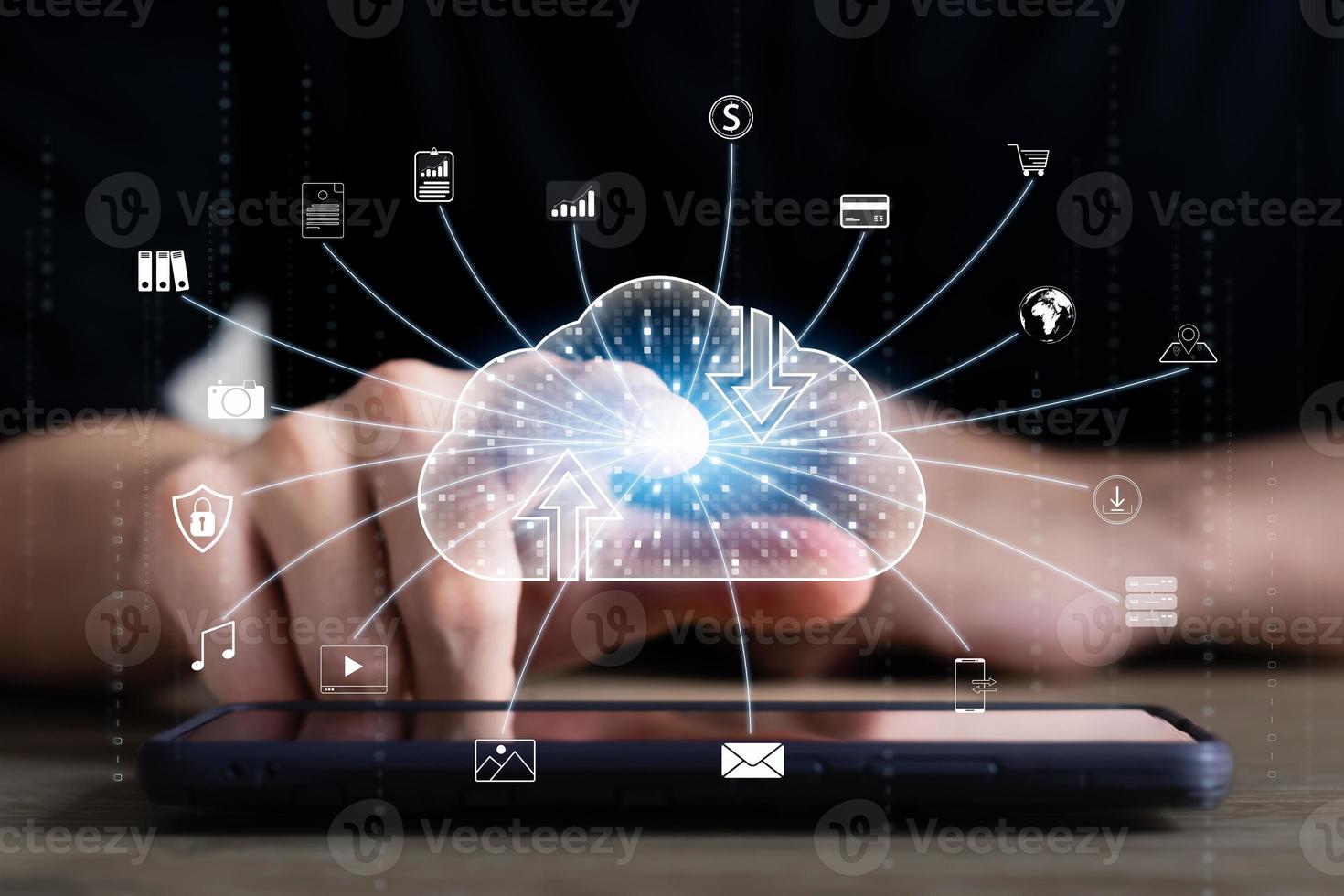 Cloud icon connecting to internet server service for downloading and uploading data on smartphones, cloud icons on virtual screens and social media icons. Applications and online businesses. photo