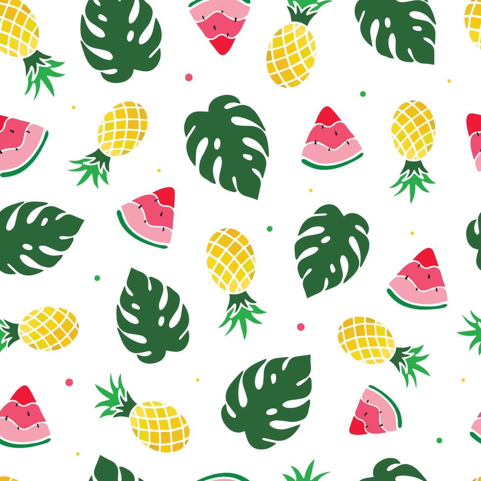 creative summer seamless pattern with hand drawn tropical leaves, pineapples and watermelons. good for textile prints, wallpaper, wrapping paper, product package, stationary and scrapbooking. eps 10 vector