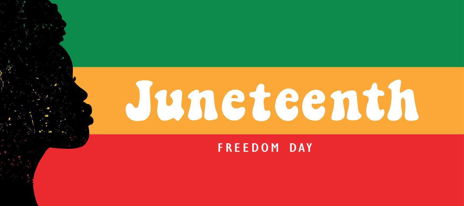 Juneteenth quote decorated with flag and abstract african woman's  silhouette. Banner, poster, card, print, invitation, template design. Black lives matter theme. EPS 10 vector