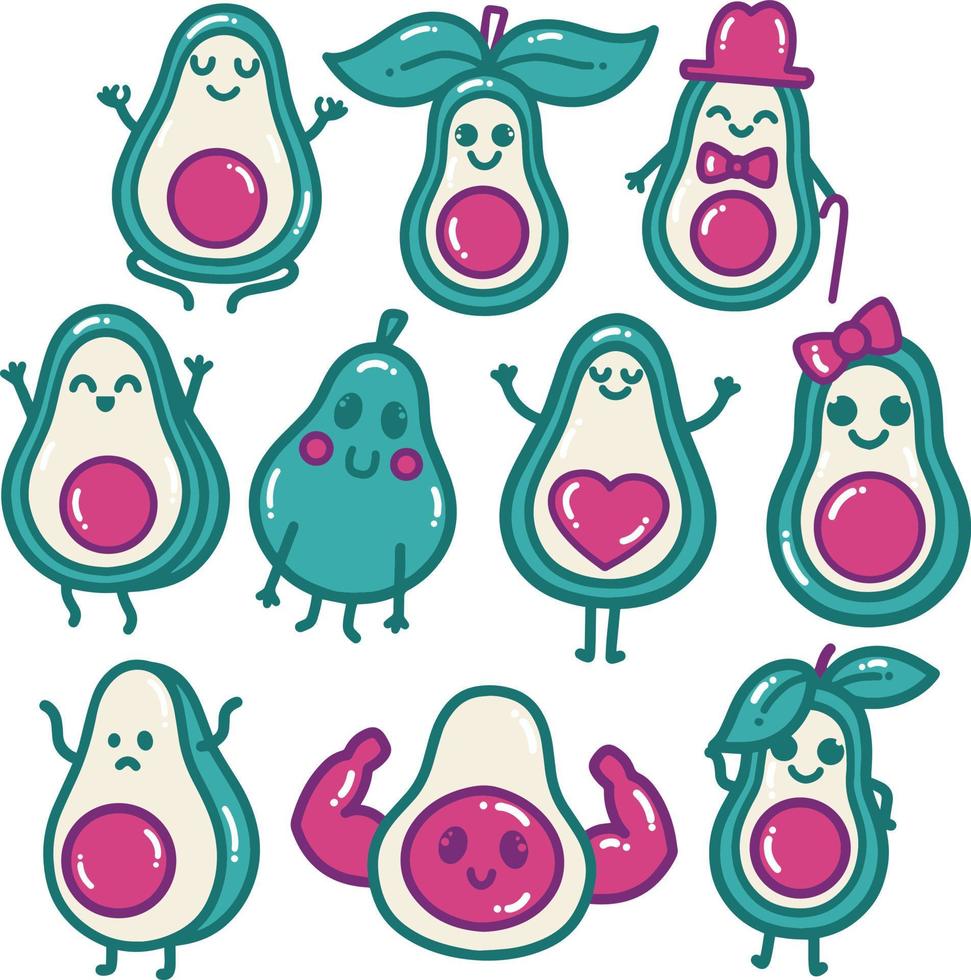 paquete de pegatinas de dibujos animados de aguacate vector