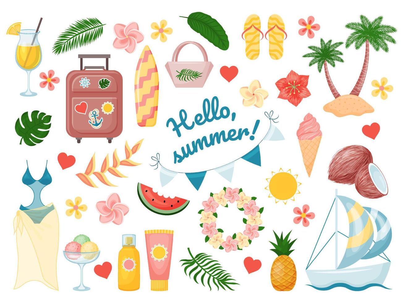 Set of cute summer elements suitcase, fruit, drinks, palm leaves, swimsuit, flowers. Fun colorful objects. Isolated on white. Vector illustration.