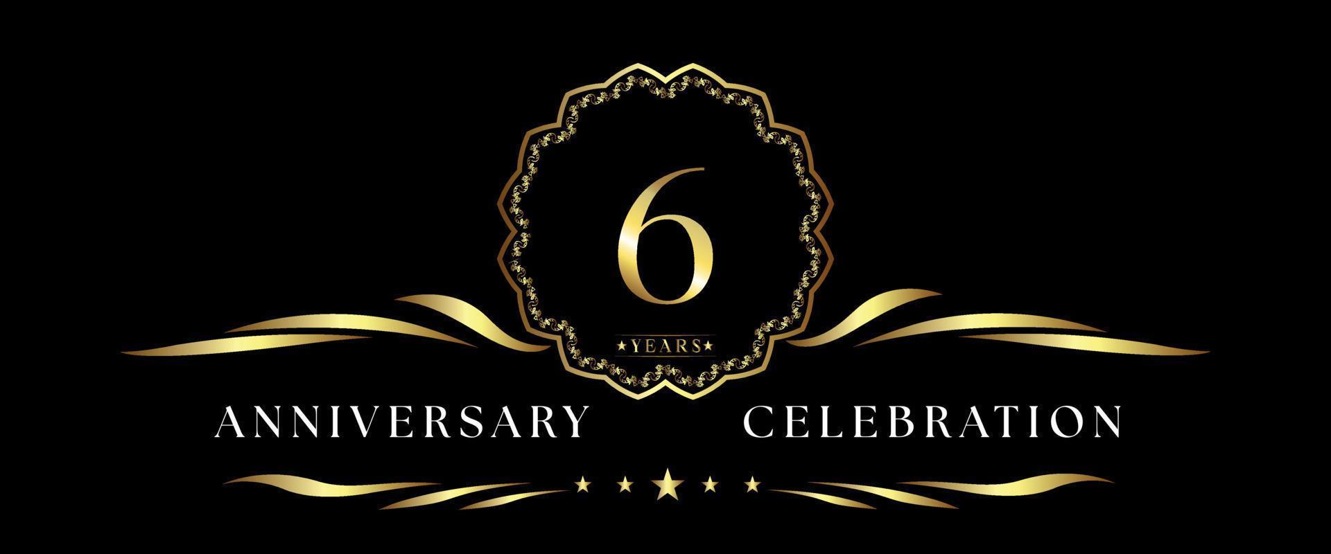 6 years anniversary celebration with gold decorative frame isolated on black background. Vector design for greeting card, birthday party, wedding, event party, ceremony. 6 years Anniversary logo.