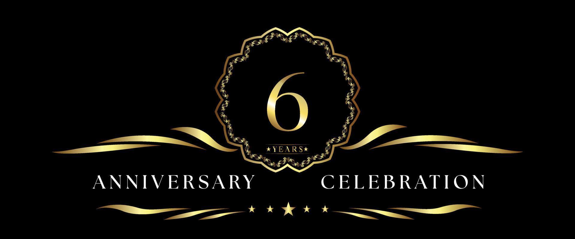 6 years anniversary celebration with gold decorative frame isolated on black background. Vector design for greeting card, birthday party, wedding, event party, ceremony. 6 years Anniversary logo.