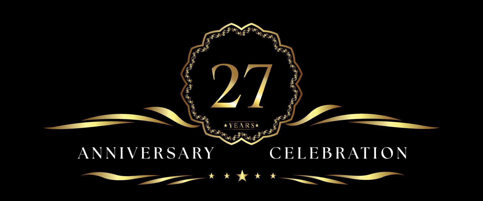 Celebración del aniversario de 27 años con marco decorativo dorado aislado en fondo negro. diseño vectorial para tarjetas de felicitación, fiesta de cumpleaños, boda, fiesta de eventos, ceremonia. Logotipo de aniversario de 27 años. vector