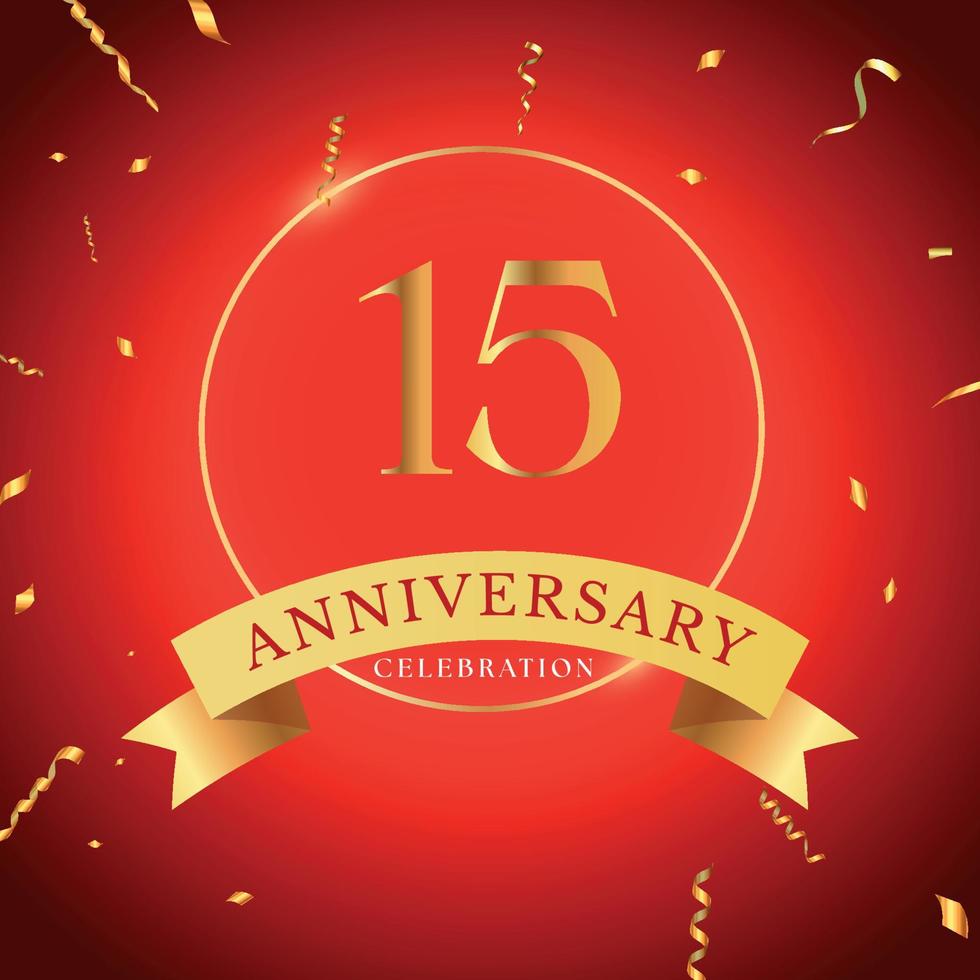 15 years anniversary celebration with gold frame and gold confetti isolated on red background. Vector design for greeting card, birthday party, wedding, event party. 15 years Anniversary logo.