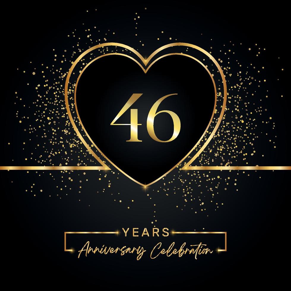 46 years anniversary celebration with gold heart and gold glitter on black background. Vector design for greeting, birthday party, wedding, event party. 46 years anniversary logo