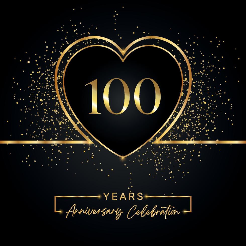 100 years anniversary celebration with gold heart and gold glitter on black background. Vector design for greeting, birthday party, wedding, event party. 100 years anniversary logo