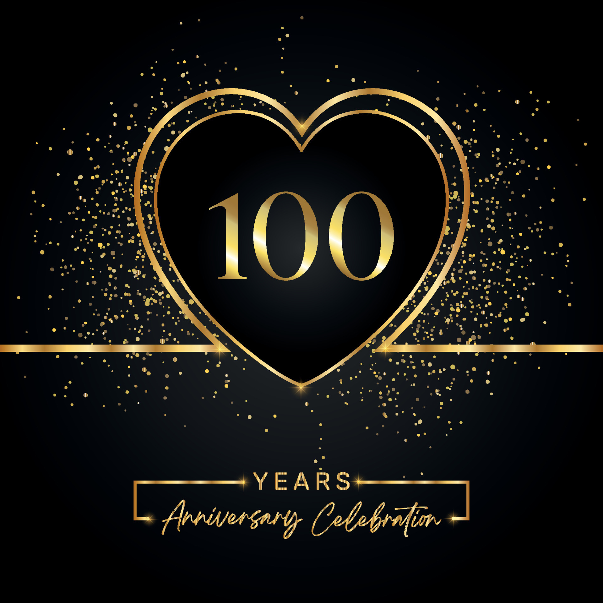 100 years anniversary celebration with gold heart and gold glitter on