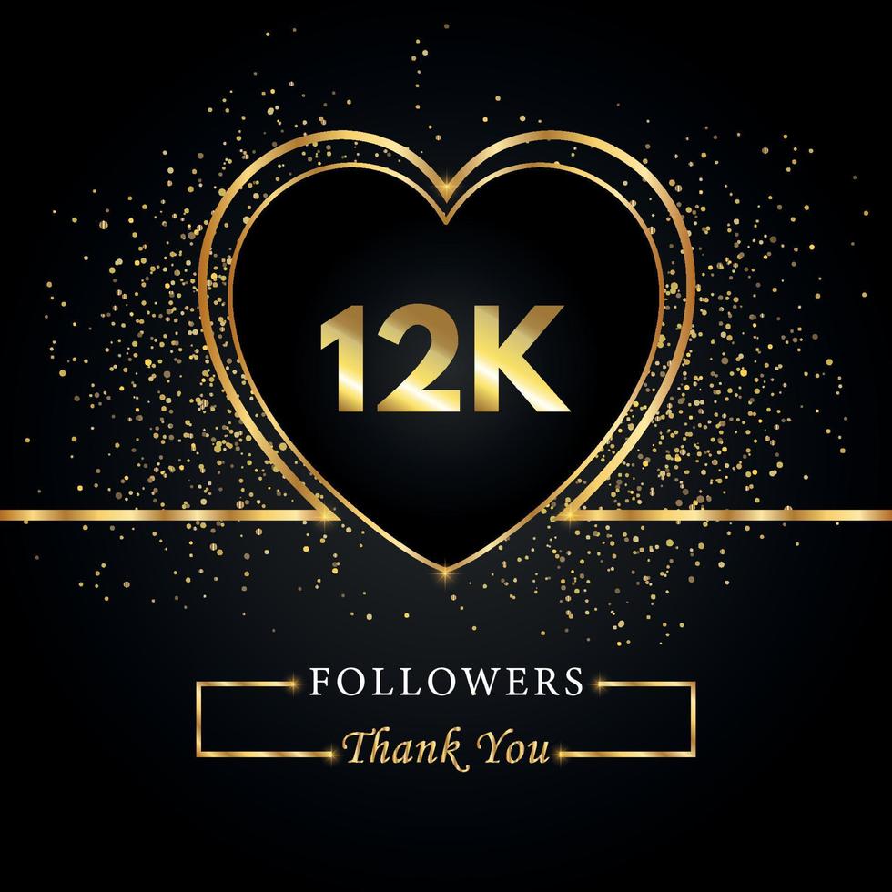 gracias 12k o 12 mil seguidores con corazón y brillo dorado aislado en fondo negro. plantilla de tarjeta de felicitación para redes sociales amigos y seguidores. gracias, seguidores, logro. vector