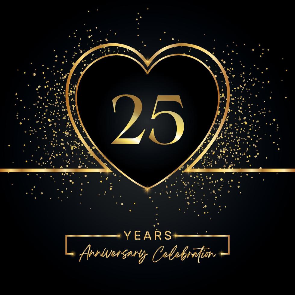 25 years anniversary celebration with gold heart and gold glitter on black background. Vector design for greeting, birthday party, wedding, event party. 25 years anniversary logo