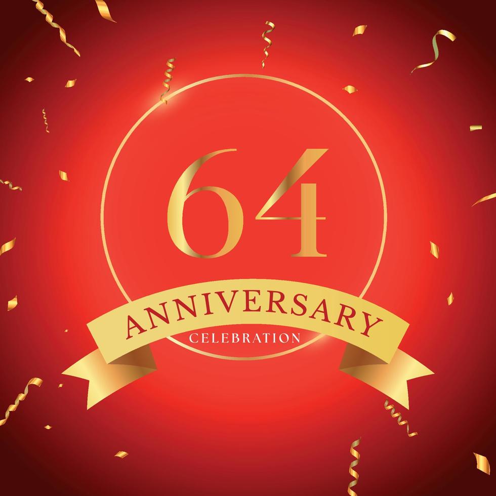 Celebración del aniversario de 64 años con marco dorado y confeti dorado aislado en el fondo rojo. diseño vectorial para tarjetas de felicitación, fiesta de cumpleaños, boda, fiesta de eventos. Logotipo de aniversario de 64 años. vector