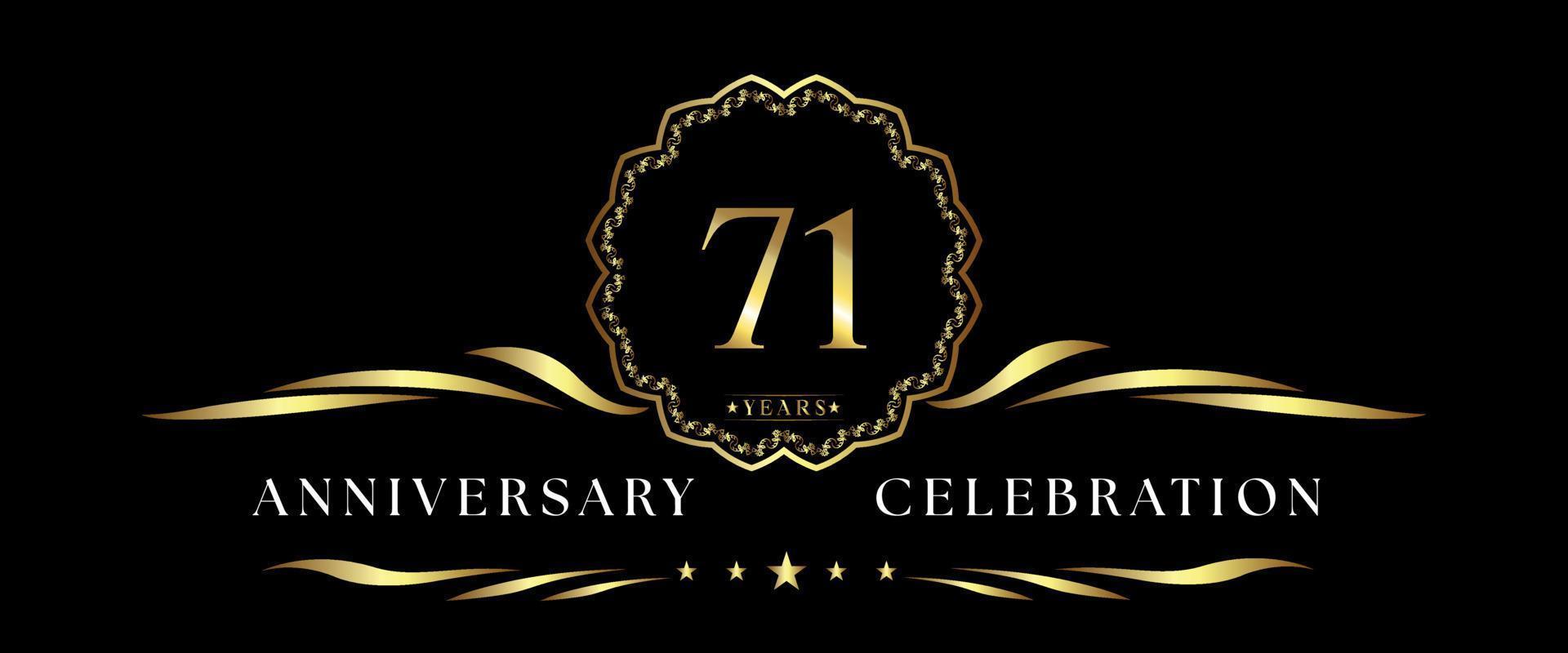 Celebración del aniversario de 71 años con marco decorativo dorado aislado en fondo negro. diseño vectorial para tarjetas de felicitación, fiesta de cumpleaños, boda, fiesta de eventos, ceremonia. Logotipo del aniversario de 71 años. vector