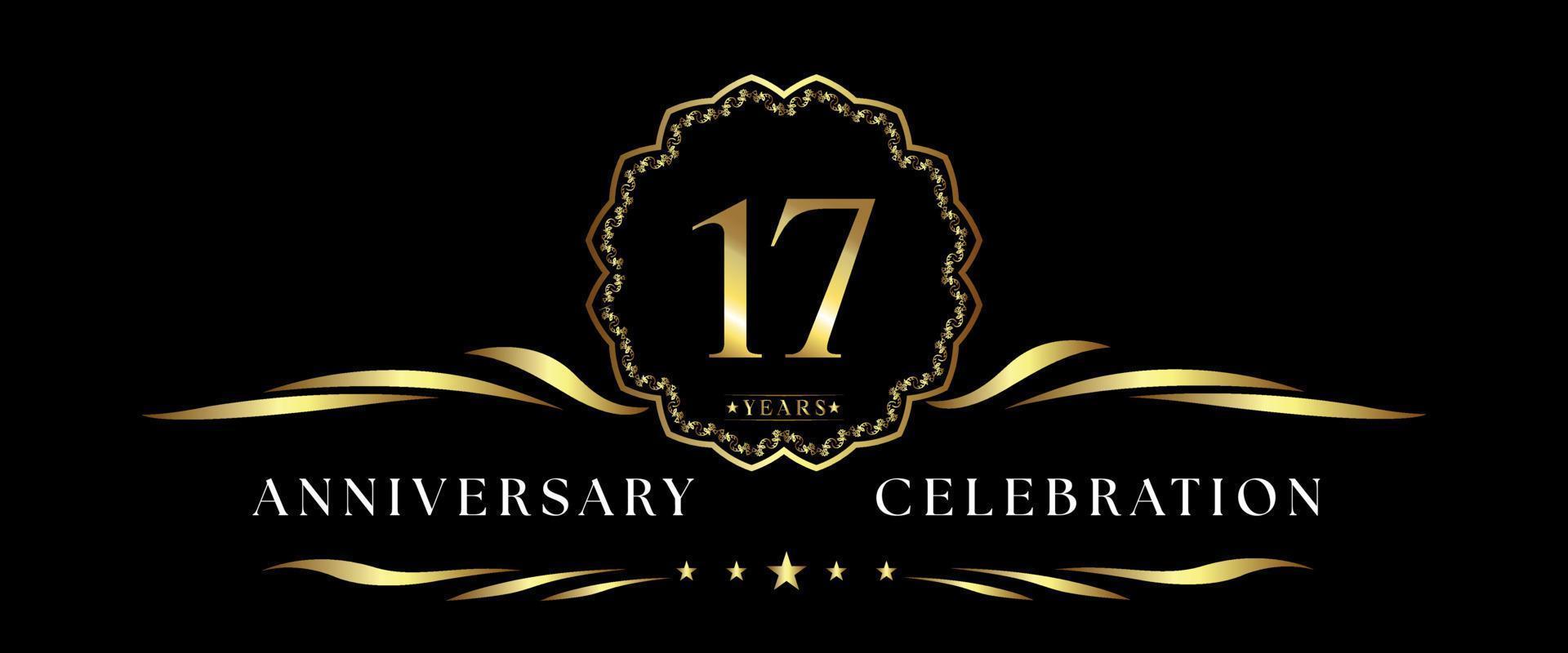 17 years anniversary celebration with gold decorative frame isolated on black background. Vector design for greeting card, birthday party, wedding, event party, ceremony. 17 years Anniversary logo.