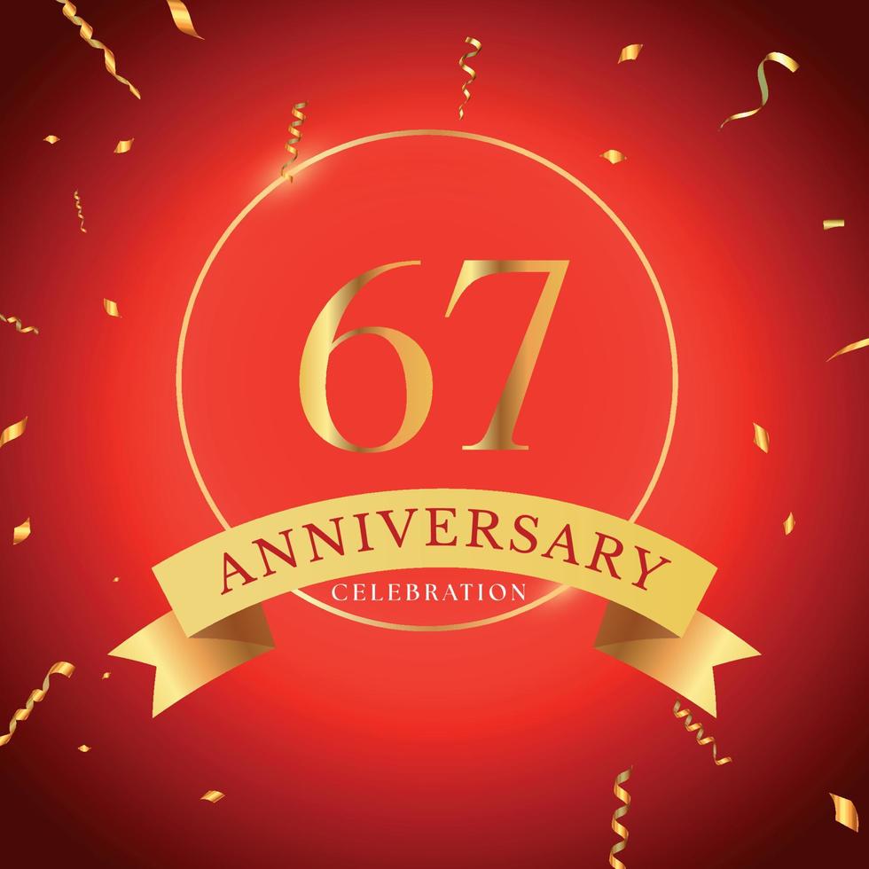 67 years anniversary celebration with gold frame and gold confetti isolated on red background. Vector design for greeting card, birthday party, wedding, event party. 67 years Anniversary logo.