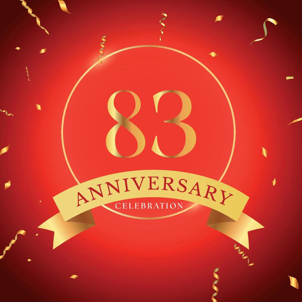 83 years anniversary celebration with gold frame and gold confetti isolated on red background. Vector design for greeting card, birthday party, wedding, event party. 83 years Anniversary logo.