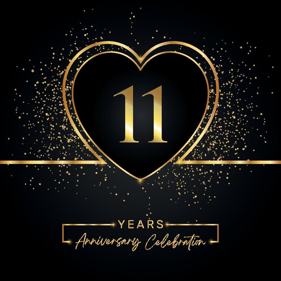 Celebración del aniversario de 11 años con corazón dorado y brillo dorado sobre fondo negro. diseño vectorial para saludo, fiesta de cumpleaños, boda, fiesta de eventos. logotipo de aniversario de 11 años vector