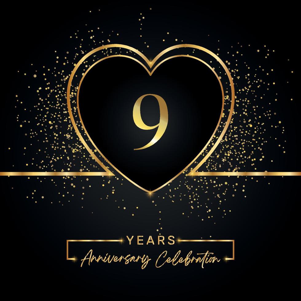 9 years anniversary celebration with gold heart and gold glitter on black background. Vector design for greeting, birthday party, wedding, event party. 9 years anniversary logo