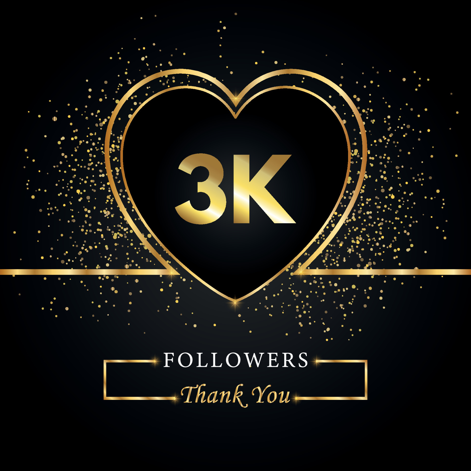 Thank you 3K or 3 thousand followers with heart and gold glitter isolated  on black background. Greeting card template for social networks friends,  and followers. Thank you, followers, achievement. 7997930 Vector Art