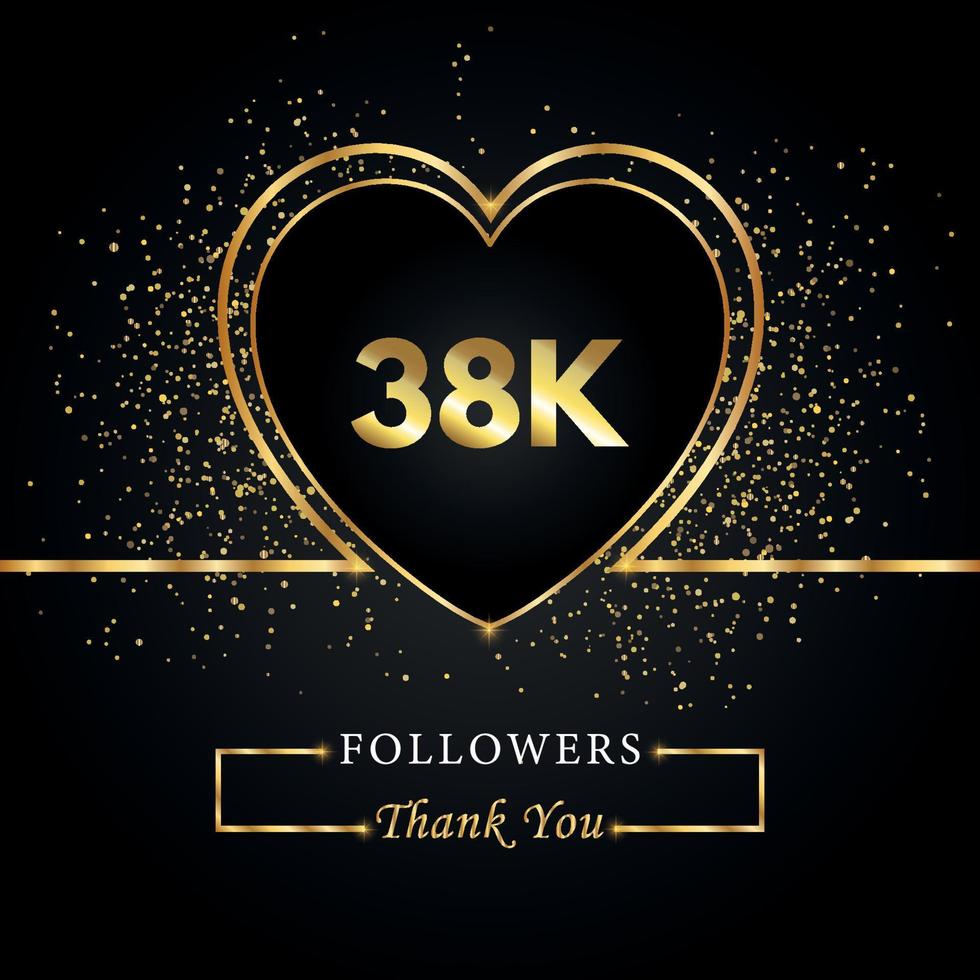 gracias 38k o 38 mil seguidores con corazón y brillo dorado aislado en fondo negro. plantilla de tarjeta de felicitación para redes sociales amigos y seguidores. gracias, seguidores, logro. vector