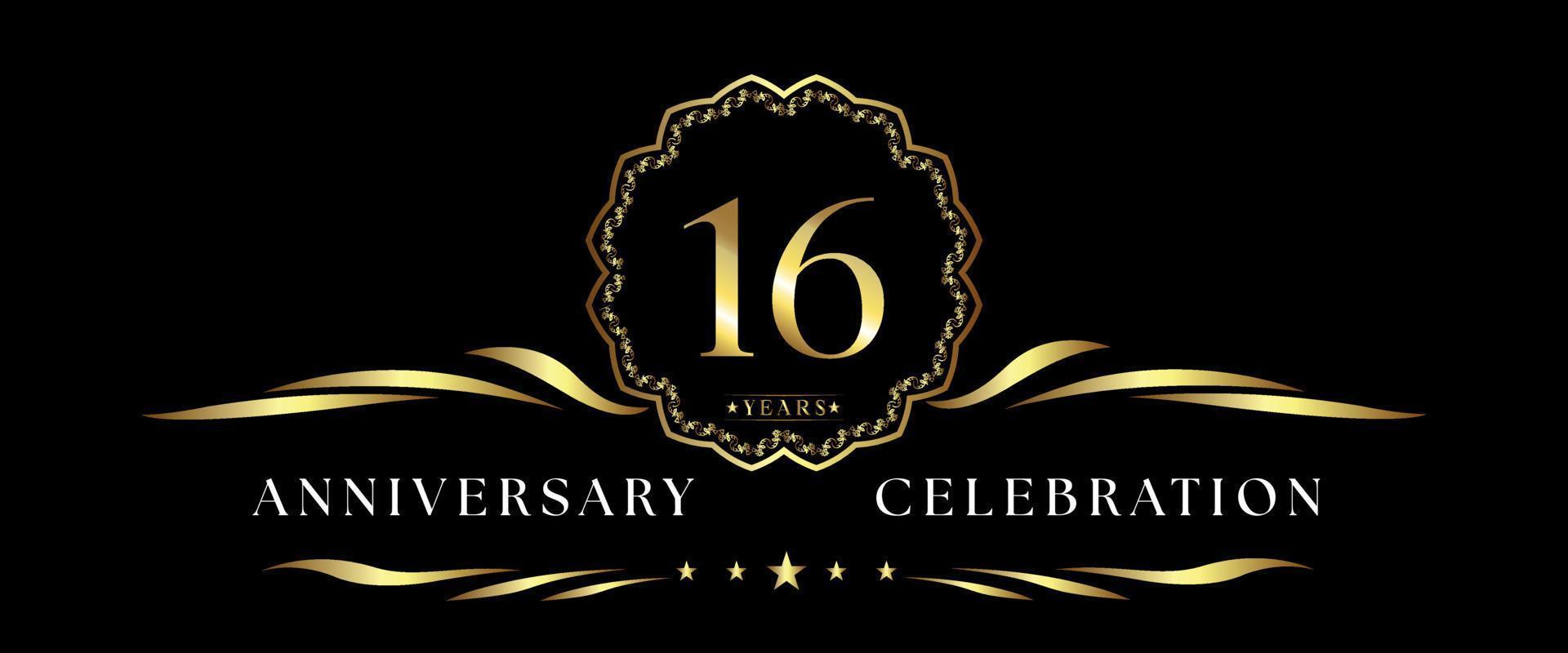 Celebración del aniversario de 16 años con marco decorativo dorado aislado en fondo negro. diseño vectorial para tarjetas de felicitación, fiesta de cumpleaños, boda, fiesta de eventos, ceremonia. Logotipo de aniversario de 16 años. vector