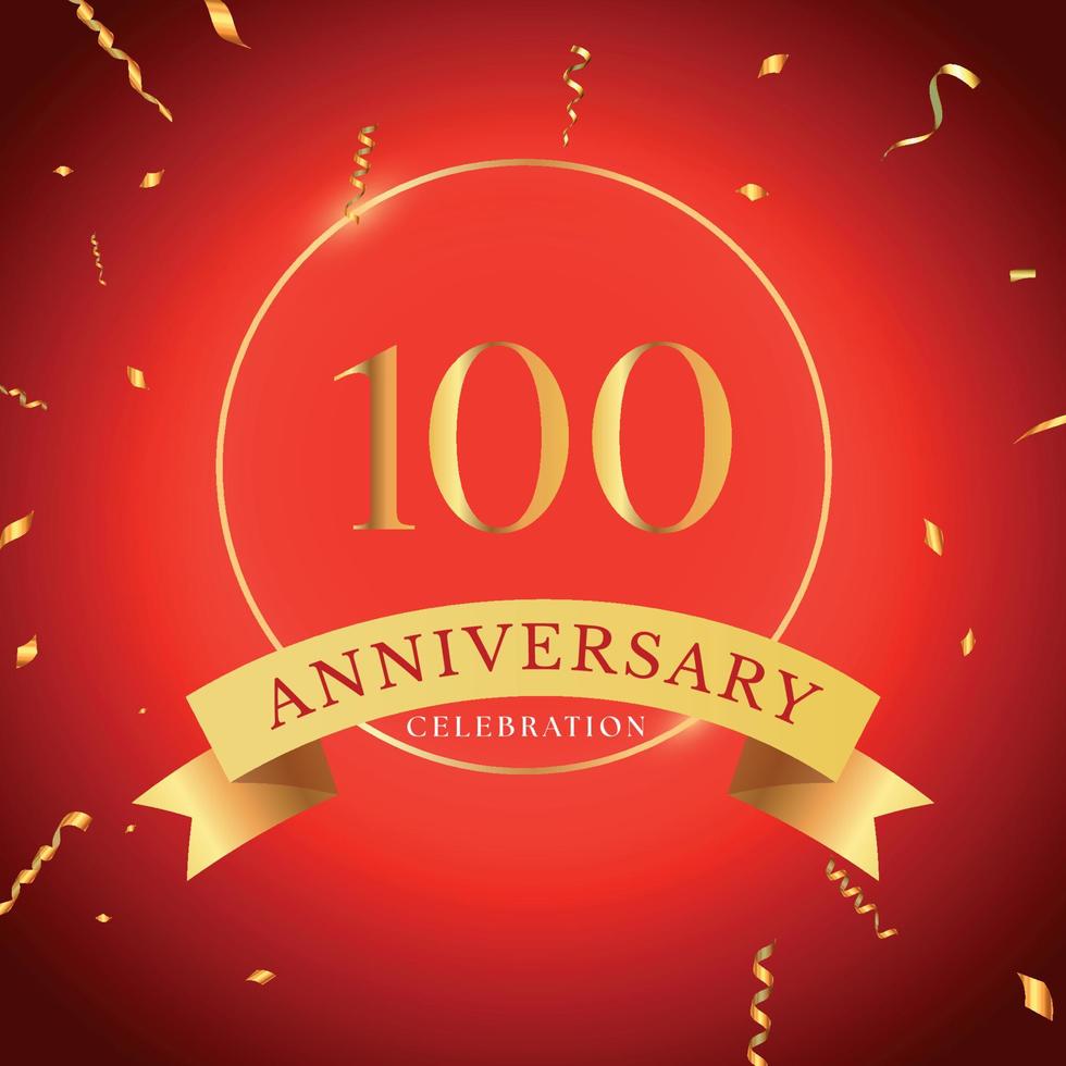 100 years anniversary celebration with gold frame and gold confetti isolated on red background. Vector design for greeting card, birthday party, wedding, event party. 100 years Anniversary logo.