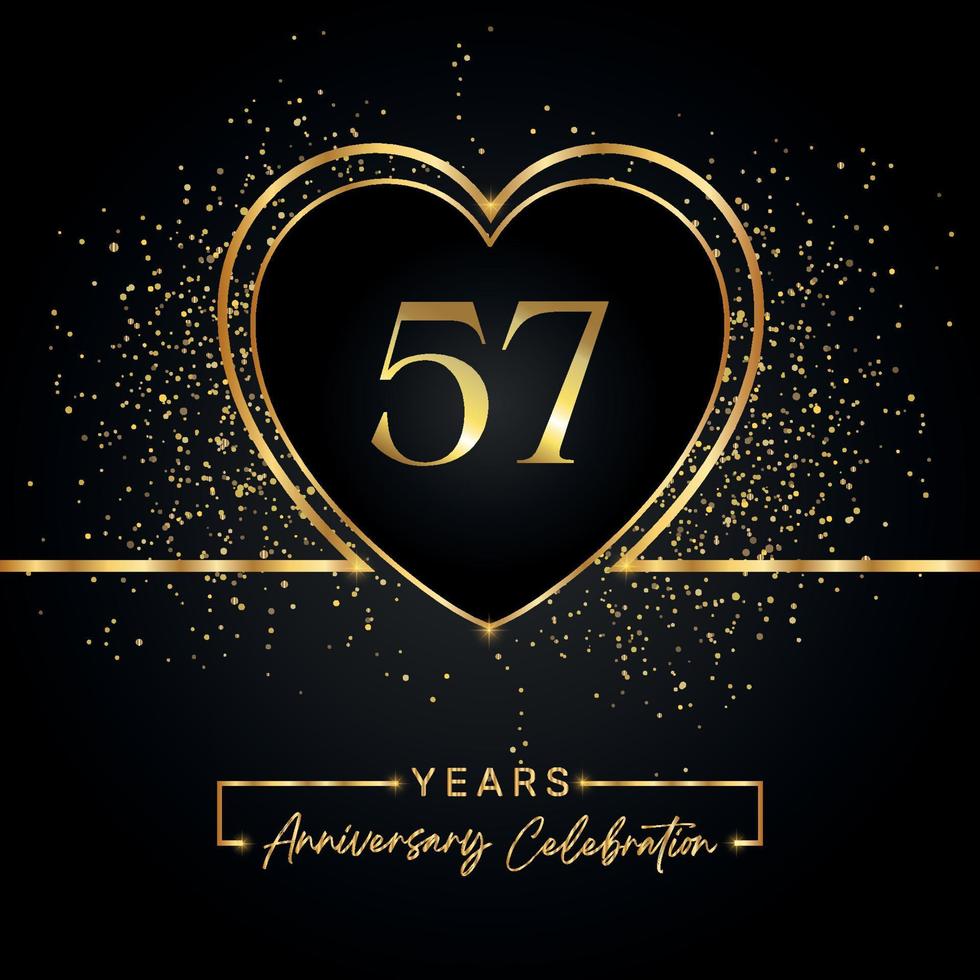 57 years anniversary celebration with gold heart and gold glitter on black background. Vector design for greeting, birthday party, wedding, event party. 57 years anniversary logo