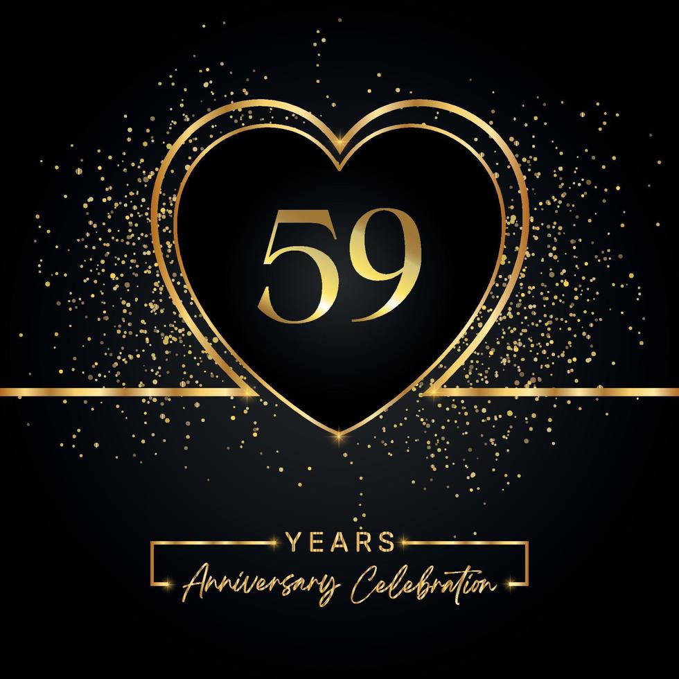 Celebración del aniversario de 59 años con corazón dorado y brillo dorado sobre fondo negro. diseño vectorial para saludo, fiesta de cumpleaños, boda, fiesta de eventos. logotipo de aniversario de 59 años vector