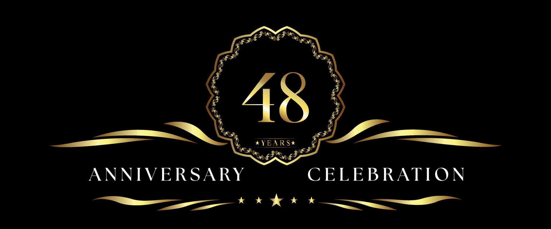 48 years anniversary celebration with gold decorative frame isolated on black background. Vector design for greeting card, birthday party, wedding, event party, ceremony. 48 years Anniversary logo.