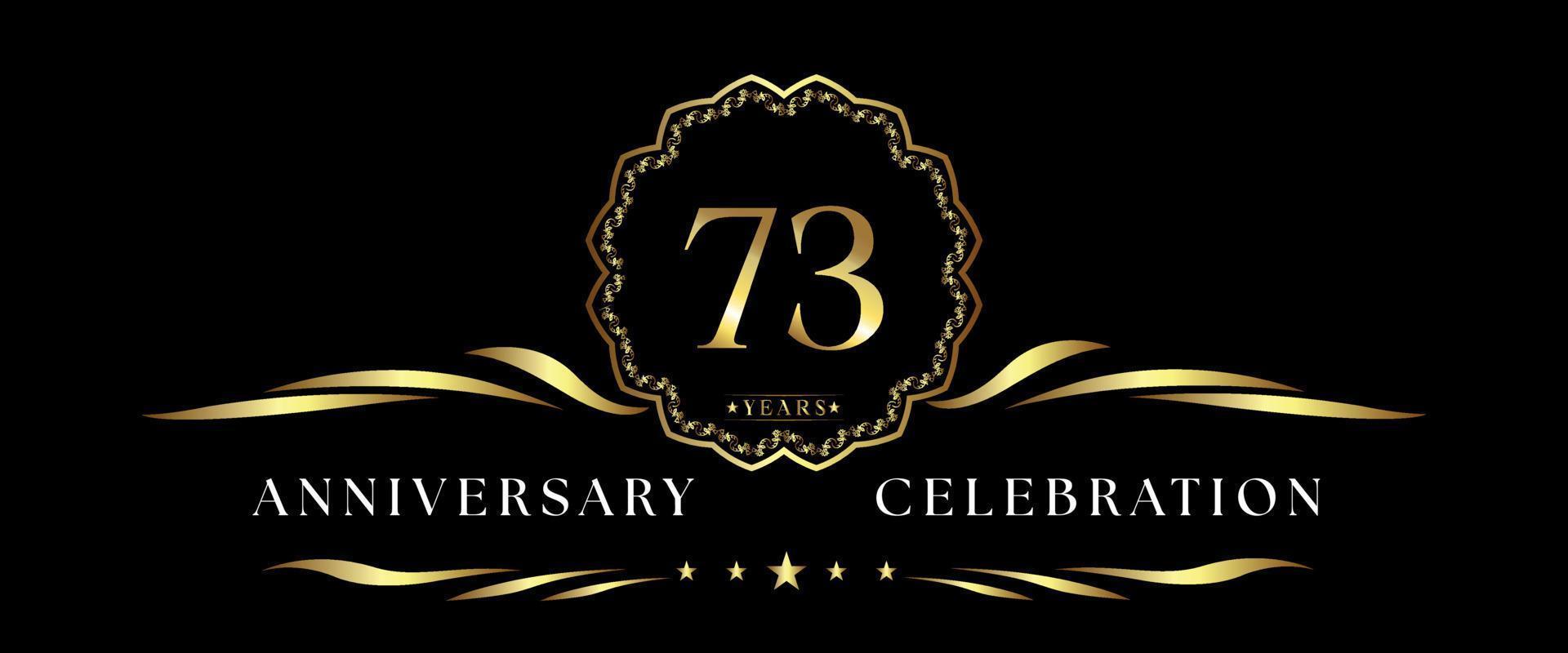 73 years anniversary celebration with gold decorative frame isolated on black background. Vector design for greeting card, birthday party, wedding, event party, ceremony. 73 years Anniversary logo.