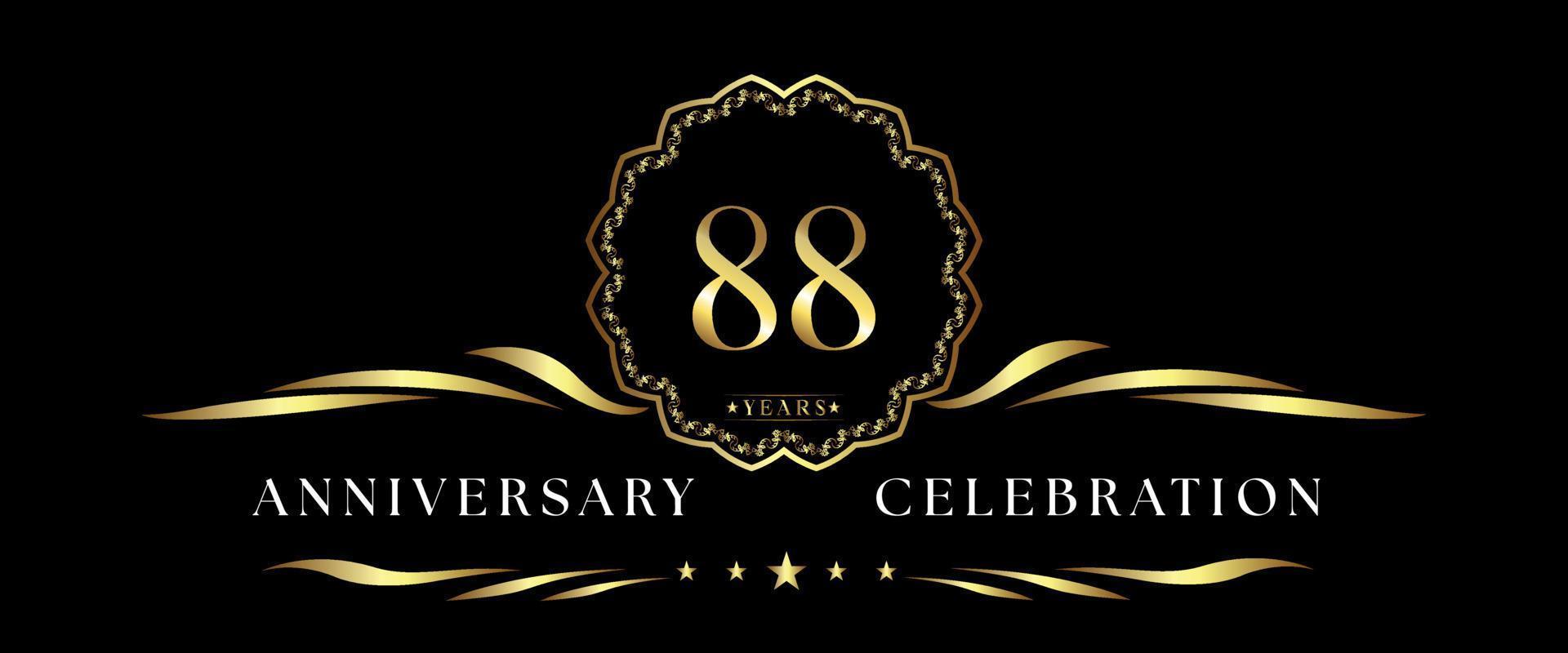 88 years anniversary celebration with gold decorative frame isolated on black background. Vector design for greeting card, birthday party, wedding, event party, ceremony. 88 years Anniversary logo.