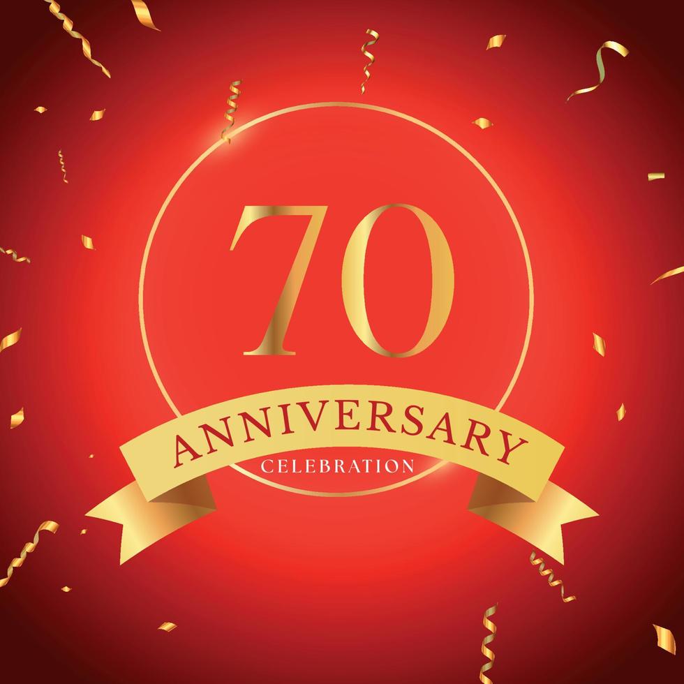 70 years anniversary celebration with gold frame and gold confetti isolated on red background. Vector design for greeting card, birthday party, wedding, event party. 70 years Anniversary logo.