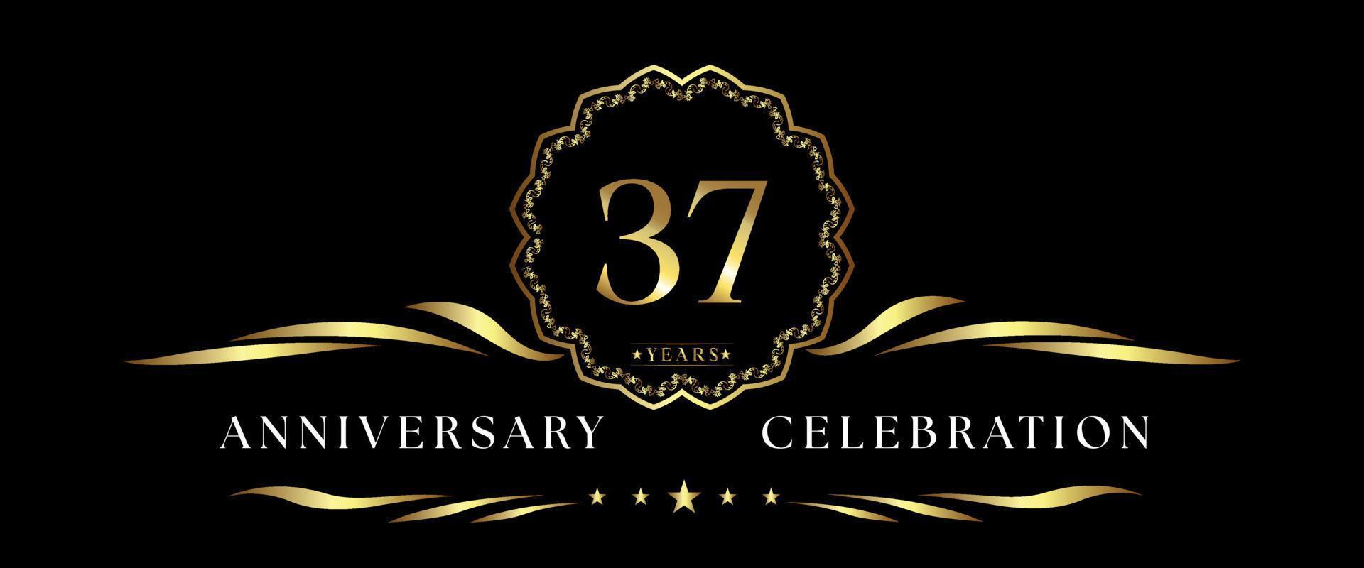 37 years anniversary celebration with gold decorative frame isolated on black background. Vector design for greeting card, birthday party, wedding, event party, ceremony. 37 years Anniversary logo.