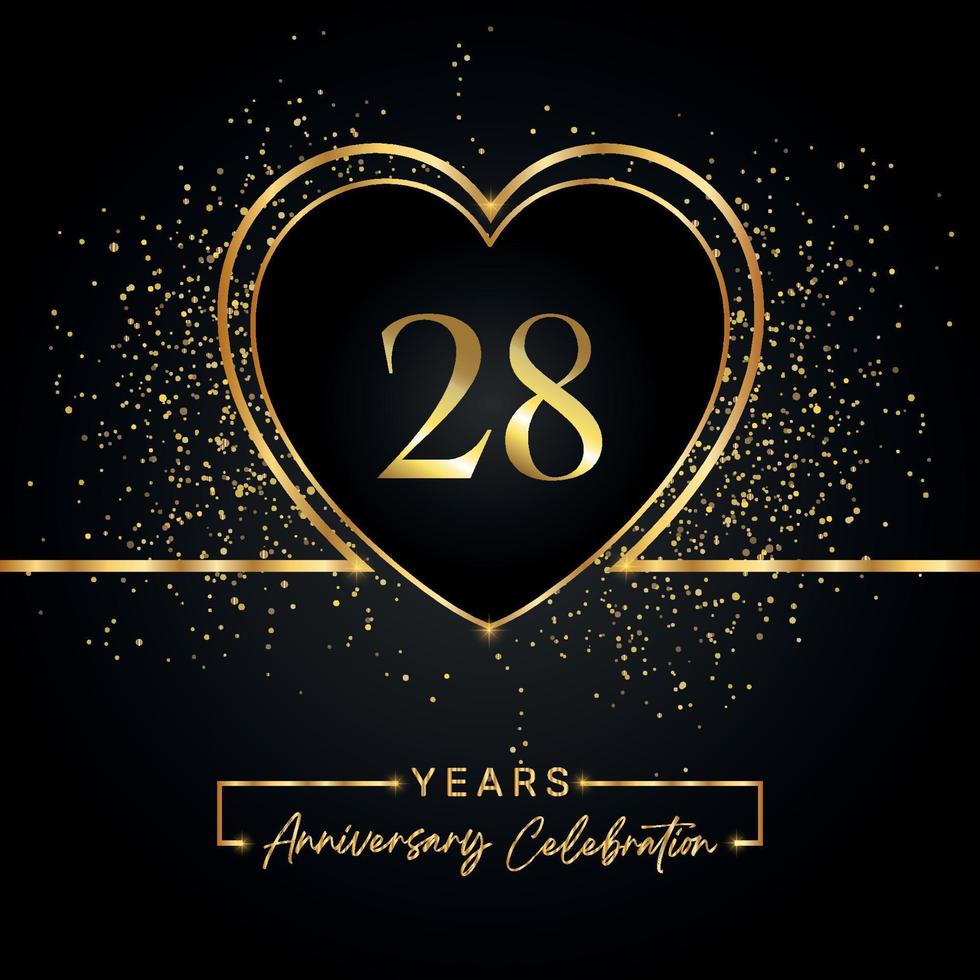 28 years anniversary celebration with gold heart and gold glitter on black background. Vector design for greeting, birthday party, wedding, event party. 28 years anniversary logo