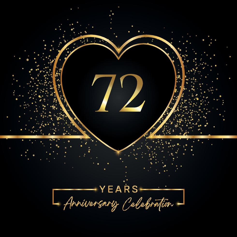 Celebración del aniversario de 72 años con corazón dorado y brillo dorado sobre fondo negro. diseño vectorial para saludo, fiesta de cumpleaños, boda, fiesta de eventos. logotipo de aniversario de 72 años vector