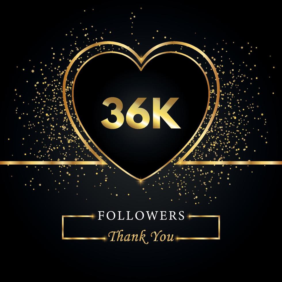 gracias 36k o 36 mil seguidores con corazón y brillo dorado aislado en fondo negro. plantilla de tarjeta de felicitación para amigos y seguidores de las redes sociales. gracias, seguidores, logro. vector