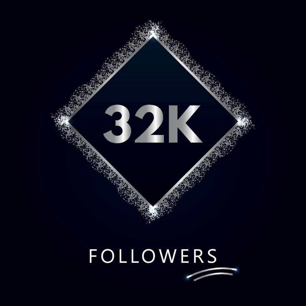 32k o 32 mil seguidores con marco y brillo plateado aislado sobre fondo azul marino oscuro. plantilla de tarjeta de felicitación para redes sociales amigos y seguidores. gracias, seguidores, logro. vector